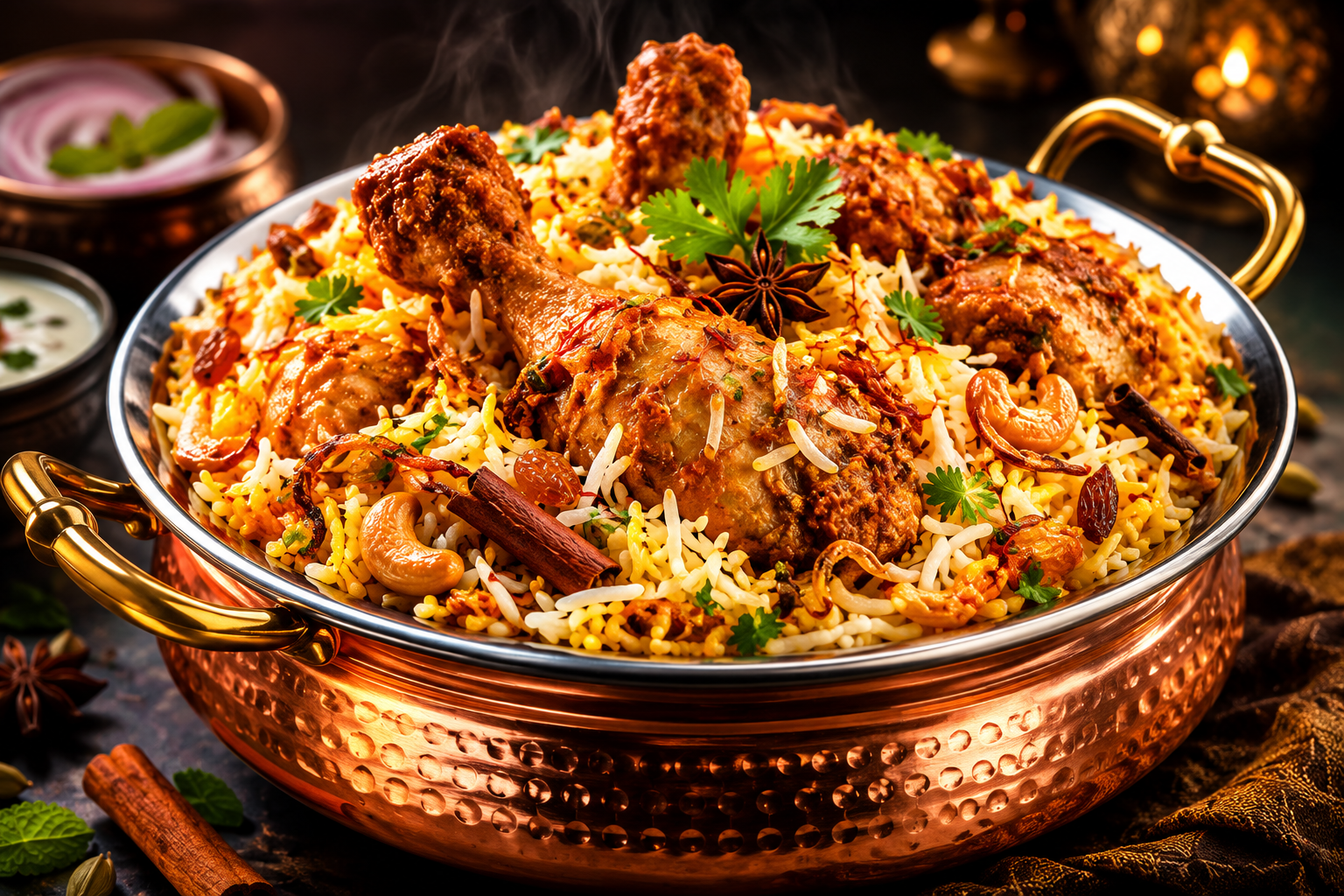 Dum Biryani — slow-cooked fragrant basmati rice with marinated meat